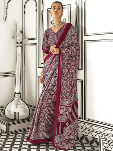Adorable Maroon Printed Satin Wedding Wear Saree With Blouse